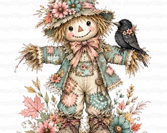 39 Fall Farmhouse Clipart Scarecrow Crow Autumn Harvest Fall Cottage Illustration Autumn Garden PNG Rustic Farmhouse Decor Woodland Creature