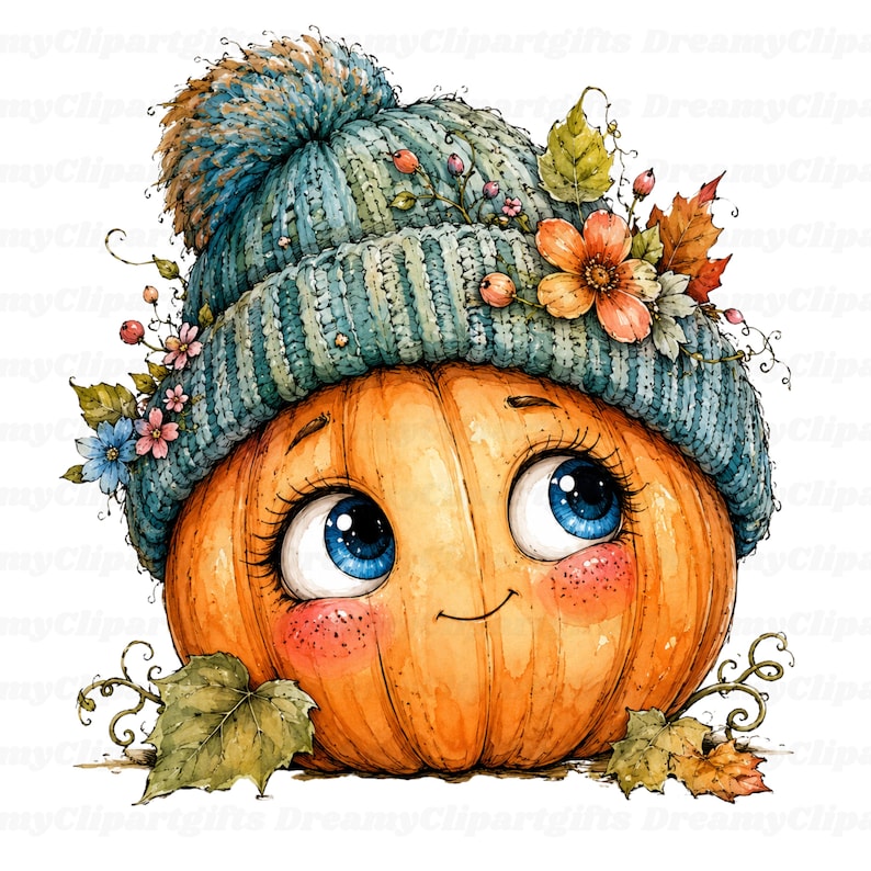 32 JPG Imágenes prediseñadas de calabazas florales Acuarela Fantasma de especias de calabaza Lindo arte de calabaza otoñal Decoración peculiar de jardín y granja Temporada de cosecha de otoño imagen 6