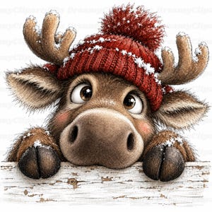 May include: A brown reindeer illustration with large dark eyes and pink cheeks, wearing a red knit beanie with a pom-pom and white snowflake patterns. The reindeer has antlers covered in light snow and rests its dark hooves on a white wooden board.