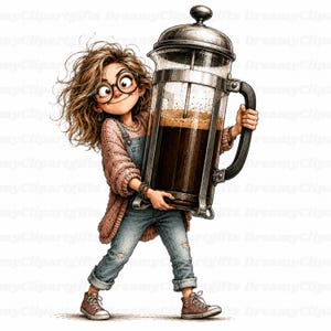 May include: A cartoon illustration of a person with messy brown hair and round glasses wearing a pink sweater and blue denim overalls, carrying a large glass French press coffee maker filled with dark coffee and topped with a silver lid.