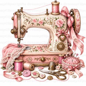 May include: A vintage-style sewing machine in cream and pink, decorated with floral patterns and a large pink ribbon. Accessories include pink thread spools, a lace fabric piece, a heart-shaped pincushion, metal scissors, and various buttons.