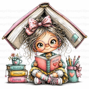 May include: A digital illustration of a character with messy brown hair and a pink polka-dot bow, wearing round pink glasses, reading a pink book labeled DREAM with a heart. Beside them are stacked books labeled BELIEVE, IMAGINE, and INSPIRE.