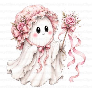 May include: A white ghost illustration wearing a pink floral bonnet with a matching bow and rosy cheeks. The ghost holds a thin wand topped with a pink flower cluster and long, flowing pink ribbons, featuring a small star charm at the base.