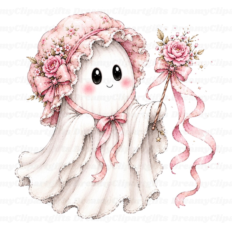 May include: A white ghost illustration wearing a pink floral bonnet with a matching bow and rosy cheeks. The ghost holds a thin wand topped with a pink flower cluster and long, flowing pink ribbons, featuring a small star charm at the base.