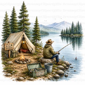 Op de afbeelding: Een aquarelillustratie van een persoon die vist aan een meer met een tent, een kampvuur en dennenbomen. Een houten bord toont de tekst LIFE IS BETTER OUTDOORS en een groene viskist bevat de tekst GOOD THINGS TAKE TIME. Bergen op de achtergrond.