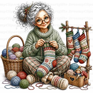 May include: An elderly person with curly gray hair and round glasses wears a green turtleneck sweater and plaid pants while knitting a patterned Christmas stocking. A wicker basket holds colorful yarn balls, and three stockings hang on a wooden rack.