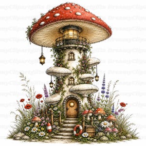 25 images clipart de maisons de fées champignons, aquarelle florale, style cottagecore, forêt fantastique, cabane dans les arbres, art, jardin de champignons, maison, village magique (PNG)