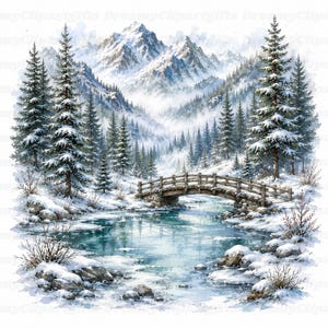 31 JPG Paesaggio innevato Clipart Ponte di neve Stagione Scenario Paesaggio Pini innevati Foresta Parco Arte Acquerello Giardino invernale Accogliente scena all'aperto