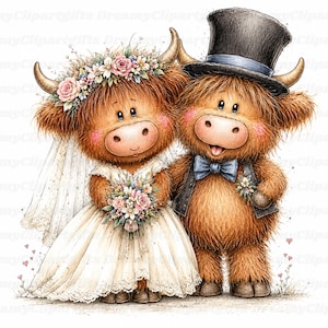 May include: Two brown Highland cattle figures dressed for a wedding. The left figure wears a white lace dress, a floral crown, and a veil. The right figure wears a black top hat, a dark waistcoat, and a blue bow tie. Both have pink cheeks.