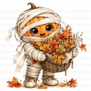 Puede incluir: Un personaje de calabaza de dibujos animados envuelto en vendas blancas como una momia, con grandes ojos oscuros y una boca sonriente. El personaje sostiene una cesta tejida llena de hojas de otoño naranjas, amarillas y marrones.
