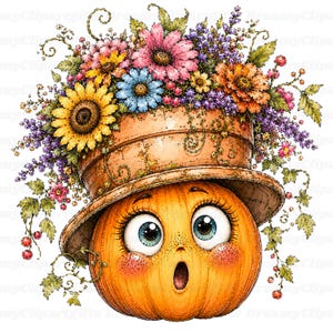 Puede incluir: Una ilustraci&oacute;n de dibujos animados de una calabaza naranja con expresi&oacute;n de sorpresa, ojos azules grandes y mejillas sonrosadas. La calabaza lleva un sombrero de ala ancha color canela lleno de un arreglo de girasoles, margaritas y bayas.