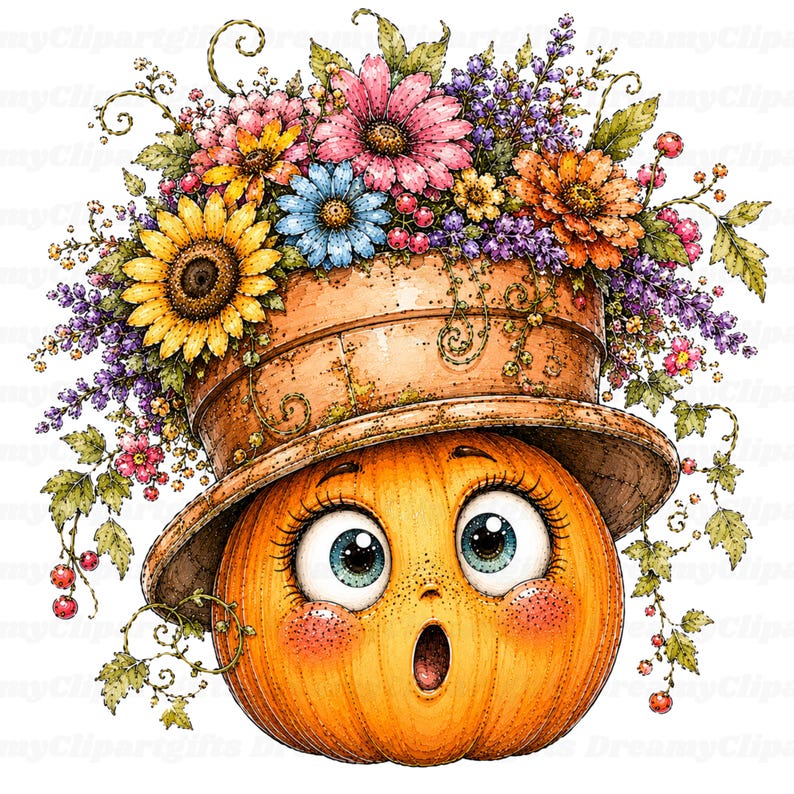 Puede incluir: Una ilustraci&oacute;n de dibujos animados de una calabaza naranja con expresi&oacute;n de sorpresa, ojos azules grandes y mejillas sonrosadas. La calabaza lleva un sombrero de ala ancha color canela lleno de un arreglo de girasoles, margaritas y bayas.