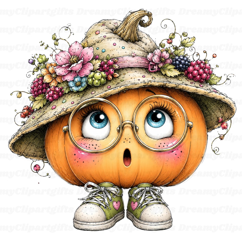 Puede incluir: Un personaje de calabaza de dibujos animados con grandes ojos azules y gafas redondas, que lleva un sombrero de ala ancha decorado con flores rosas, hojas verdes y bayas rojas. La calabaza tiene mejillas sonrosadas y zapatillas verdes.