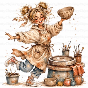 36 Pottery Lady Clipart Funny Clay Artist Girl Ceramic Lovers Png Pottery Wheel Artwork Crafts Illustration Creative Kids DIY projects Decor