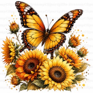 May include: A watercolor-style illustration featuring a large orange and black butterfly with white-tipped wings hovering above a cluster of vibrant yellow and orange sunflowers with green leaves and scattered paint splatters on a white background.
