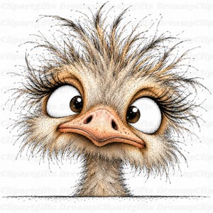 Könnte beinhalten: Eine detaillierte Illustration eines Vogels mit struppigem, stacheligem hellbraunem Gefieder, großen ausdrucksstarken braunen Augen, langen dunklen Wimpern und einem hellorangen Schnabel. Der Vogel hat einen neugierigen Blick mit leicht herabgezogenem Mund.