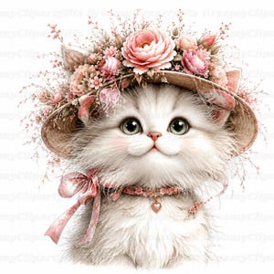 33 Pink Cat Clipart Watercolor Floral Kitten PNG Pink Floral Baby Cat Cartoon Pet Illustration Whimsical Fluffy Kitten Baby Shower Decor Art