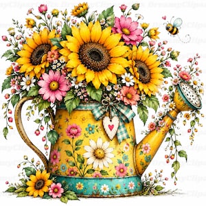 May include: A yellow metal watering can decorated with floral patterns, filled with a vibrant bouquet of sunflowers and pink daisies. A small heart-shaped tag hangs from a plaid ribbon on the front, and a cartoon bee flies near the top.