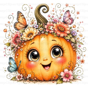 May include: A round orange pumpkin illustration with a smiling face, large expressive eyes, and rosy cheeks. The pumpkin is adorned with a crown of colorful flowers, green vines, and three butterflies in shades of orange, pink, and blue.