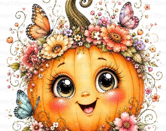32 JPG Floral Pumpkin Clipart Watercolor Pumpkin Spice Ghost Cute Fall Pumpkin Art Quirky Autumn Harvest Season Garden Farmhouse Decor