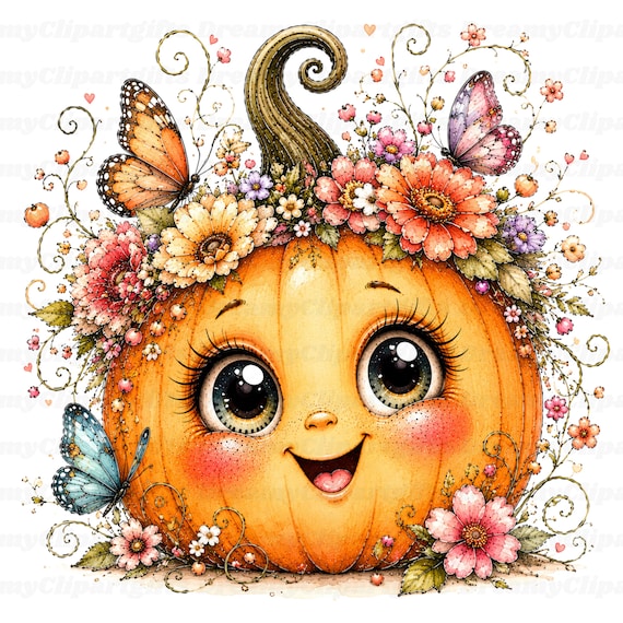 32 JPG Floral Pumpkin Clipart Watercolor Pumpkin Spice Ghost Cute Fall Pumpkin Art Quirky Autumn Harvest Season Garden Farmhouse Decor