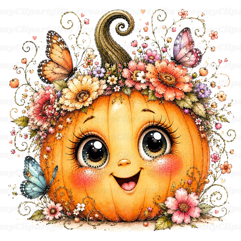 Puede incluir: Una ilustraci&oacute;n de una calabaza naranja redonda con una cara sonriente, ojos grandes y expresivos y mejillas sonrosadas. La calabaza est&aacute; adornada con una corona de flores coloridas, enredaderas verdes y tres mariposas en tonos naranja, rosa y azul.