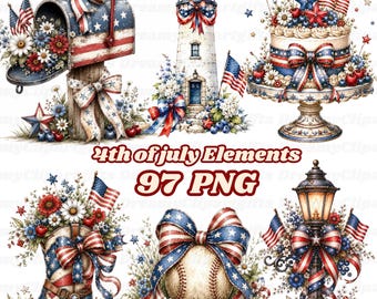 97 4th of July Elements Clipart Red White Blue Flag American Independence Day PNG Patriotic Fireworks Hat Balloons Summer  Elements Graphics