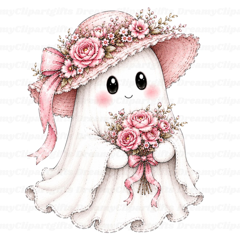 May include: A white ghost illustration wearing a wide-brimmed pink hat adorned with pink flowers and a matching ribbon. The ghost has large black eyes, rosy cheeks, and holds a bouquet of pink flowers tied with a pink ribbon against its body.