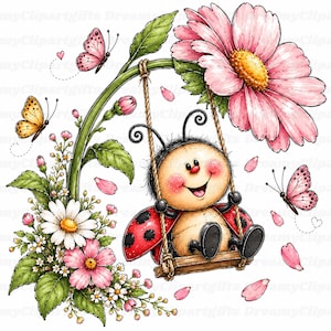 Könnte beinhalten: Eine Cartoon-Illustration eines lächelnden Marienkäfers mit rot-schwarz gepunkteten Flügeln, der auf einer Holzschaukel sitzt, die an einem großen rosa Blumenstiel hängt. Die Szene zeigt grüne Blätter, weiße und rosa Gänseblümchen und drei kleine Schmetterlinge.