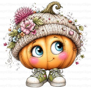 Puede incluir: Un personaje de calabaza de dibujos animados con grandes ojos azules y mejillas rosadas, que lleva un gorro de punto beige decorado con flores rosas y azules y hojas verdes. La calabaza usa zapatillas de deporte verde claro con punteras blancas.
