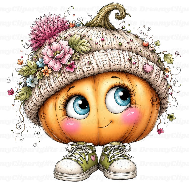 Puede incluir: Un personaje de calabaza de dibujos animados con grandes ojos azules y mejillas rosadas, que lleva un gorro de punto beige decorado con flores rosas y azules y hojas verdes. La calabaza usa zapatillas de deporte verde claro con punteras blancas.