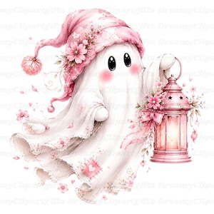 May include: A white ghost illustration wearing a pink floral hat with a pom-pom, holding a pink lantern. The ghost has large black eyes, rosy cheeks, and a small heart patch on its lower edge, surrounded by floating pink flower petals.
