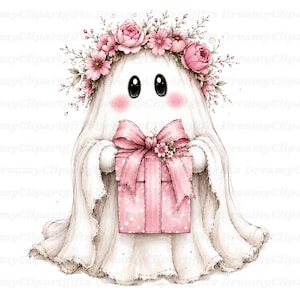 May include: A white ghost illustration featuring large black eyes and pink cheeks, wearing a crown of pink flowers and greenery. The ghost holds a pink gift box decorated with white polka dots and a large pink ribbon bow on the front center.
