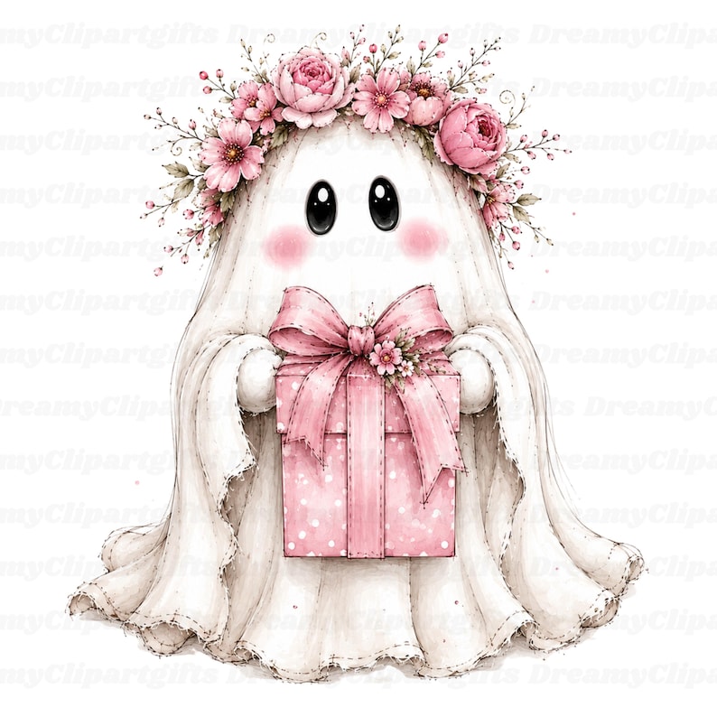 May include: A white ghost illustration featuring large black eyes and pink cheeks, wearing a crown of pink flowers and greenery. The ghost holds a pink gift box decorated with white polka dots and a large pink ribbon bow on the front center.