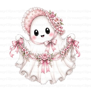 May include: A white ghost illustration featuring a pink floral bonnet with a ruffled edge, large black eyes, and a small smile. The ghost is adorned with a pink ribbon garland featuring small pink flowers and bows on each side and the center.