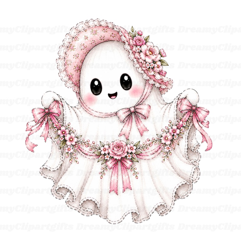 May include: A white ghost illustration featuring a pink floral bonnet with a ruffled edge, large black eyes, and a small smile. The ghost is adorned with a pink ribbon garland featuring small pink flowers and bows on each side and the center.