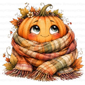 Puede incluir: Una calabaza naranja con cara sonriente y grandes ojos azules, envuelta en una bufanda gruesa de rayas multicolores con flecos. La calabaza est&aacute; adornada con una corona de hojas de oto&ntilde;o, peque&ntilde;as flores blancas y bayas rojas.