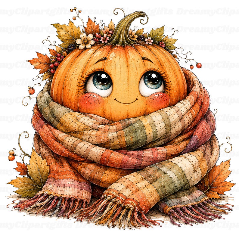 Puede incluir: Una calabaza naranja con cara sonriente y grandes ojos azules, envuelta en una bufanda gruesa de rayas multicolores con flecos. La calabaza est&aacute; adornada con una corona de hojas de oto&ntilde;o, peque&ntilde;as flores blancas y bayas rojas.