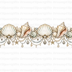 May include: A horizontal decorative border featuring a repeating pattern of tan and white seashells, including scallops and conch shells, interspersed with gold chains, small starfish, and strings of white and grey pearls on a white background.