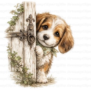 May include: A brown and white puppy with large dark eyes peeking from behind a weathered wooden door frame. The puppy wears a light green patterned neckerchief. The door features a dark metal hinge and a decorative ring pull with floral vines.
