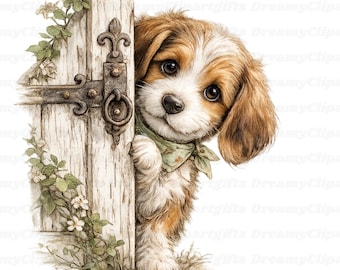 36 imágenes prediseñadas de perros asomándose, caras de animales de granja curiosas, PNG, decoración infantil para guardería, acuarela, dibujos animados divertidos, razas de perros, ilustraciones de cachorros, arte