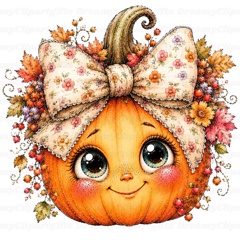 Puede incluir: Una ilustraci&oacute;n de calabaza de dibujos animados con una cara grande y sonriente, ojos expresivos de gran tama&ntilde;o y mejillas sonrosadas. La calabaza est&aacute; adornada con un gran lazo color crema con peque&ntilde;as flores, rodeada de hojas de oto&ntilde;o y bayas rojas.