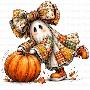 Puede incluir: Un personaje fantasma de dibujos animados con un vestido de retazos y un gran lazo a juego, con patrones florales en naranja, amarillo y verde. El fantasma tiene mejillas sonrosadas, se apoya en una calabaza naranja grande y redonda y lleva botas naranjas.