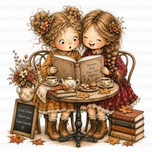 Pode incluir: Uma ilustração de duas crianças de cabelo castanho lendo um livro intitulado Stories that Stay Uth With Us. Estão sentadas a uma mesa redonda com chá, biscoitos e um vaso de flores de outono. Uma lousa traz a frase Good books, Warm tea, Great friends.