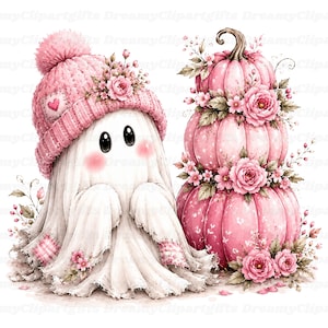 May include: A white ghost character wearing a pink knit beanie with a heart patch and floral accents, positioned next to a stack of three pink pumpkins decorated with pink roses and green leaves, all rendered in a soft, illustrative style.