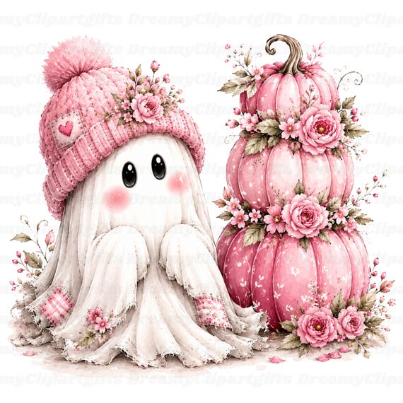 32 Pink Ghost Clipart Whimsical Autumn Pumpkin Ghost Characters PNG Cute Girly Ghost Illustration Art Nursery Decor Watercolor Pastel Ghost
