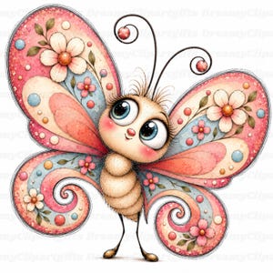 May include: A cartoon butterfly illustration featuring large blue eyes, long eyelashes, and a fuzzy body. The wings are decorated with pink and light blue swirls, small dots, and white flower patterns. Two antennae with round tips extend from the head.