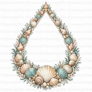 May include: A teardrop-shaped wreath composed of various seashells, including scallops and spiral shells, interspersed with small white pearls and light green coral-like sprigs. Several small tan starfish are arranged throughout the frame.