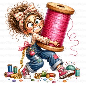 Puede incluir: Una ilustración de dibujos animados de un personaje con cabello rizado, gafas, diadema floral y peto de mezclilla, cargando un gran carrete de madera con hilo rosa brillante. Alrededor hay carretes más pequeños, botones y un alfiletero.