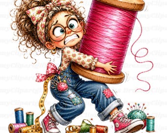 37 PNG Funny Sewing Lady Clipart Quirky Sewing Girl Whimsical Seamstress Machine Crafting Art Creative Dressmaker Summer Fashion Ilustration